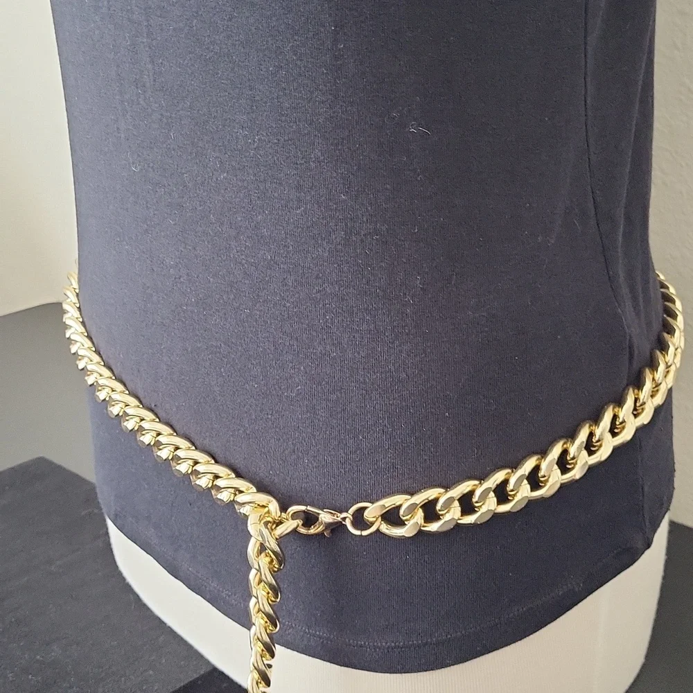 Women's Gold Tone Wide Cuban Link Chain Belt 42" end to end 3/4" width - Picture 3 of 11